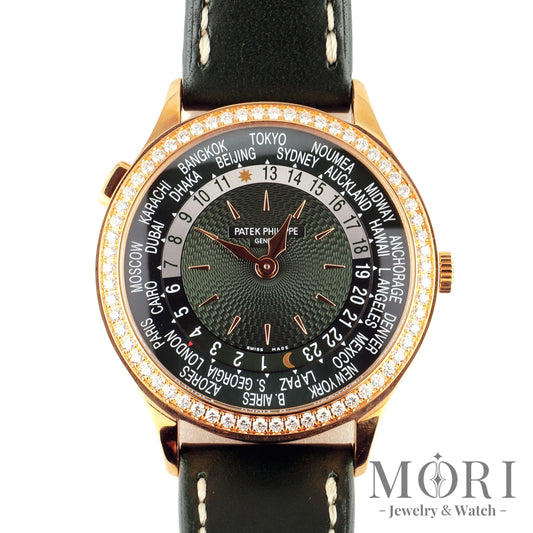 パテックフィリップ 7130R-014 ワールドタイム オリーブグリーン文字盤 ローズゴールド ダイヤベゼル 36mm。正規保証書付属、ランクN新品。 | MORI Jewelry&Watch