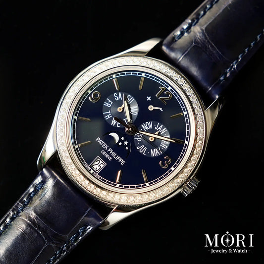 パテックフィリップ 5147G-001 アニュアルカレンダー ネイビーブルー文字盤 ホワイトゴールド ダイヤベゼル 39mm。正規保証書付属、ランクA。 | MORI Jewelry&Watch