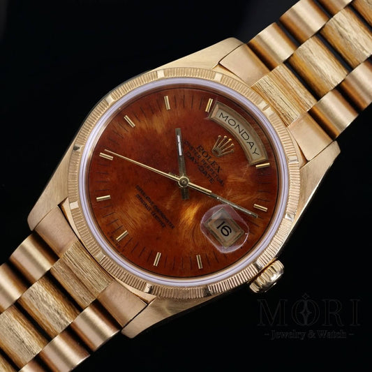 ロレックス デイデイト 18248 イエローゴールド アフリカン・マホガニー ウッド文字盤 36mm バーク仕上げ。中古ヴィンテージ。 | MORI Jewelry&Watch