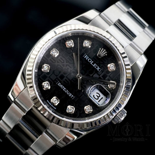 ロレックス デイトジャスト 116234G ブラックコンピューター文字盤 10Pダイヤ 36mm WGベゼル。2011年8月正規保証書。ランクA美品。 | MORI Jewelry&Watch